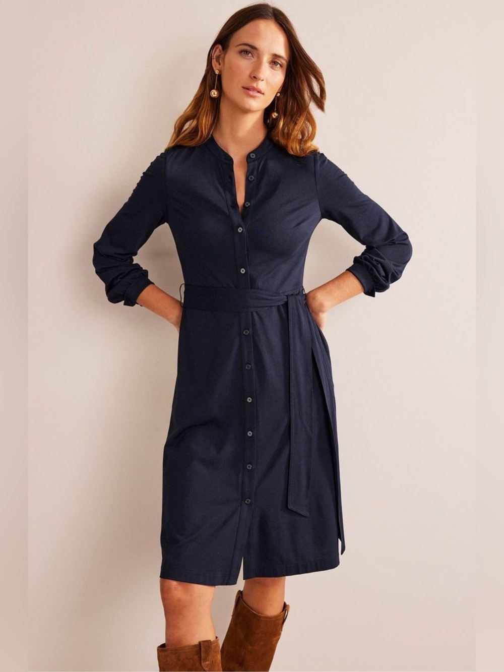 Boden Julia Jersey Shirt Dress Navy Long-Sleeve Button-Front Midi Size 12 Long